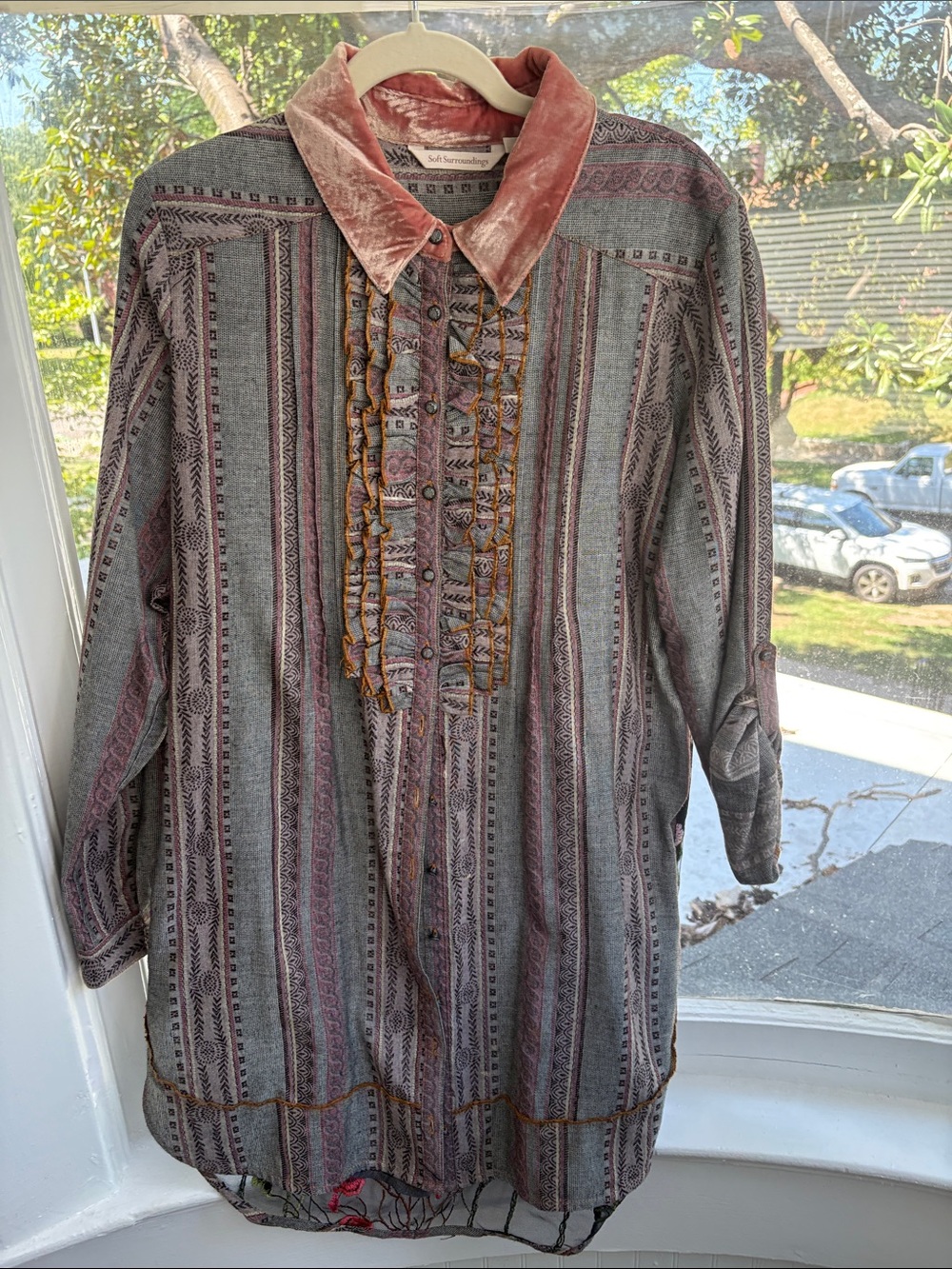 Soft Surroundings Striped Tunic with Dusty Rose Collar and Gray Body-Size M